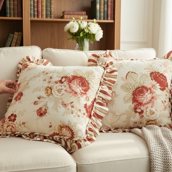 2 Waverly Garden Room Norfolk Rose Ruffle Throw Pillows Vintage - Picture 9 of 9
